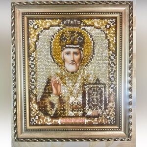 Handmade Beaded Embroidery Orthodox Icon St. Nicolas Size6,5X7.5”gift Art Decor
